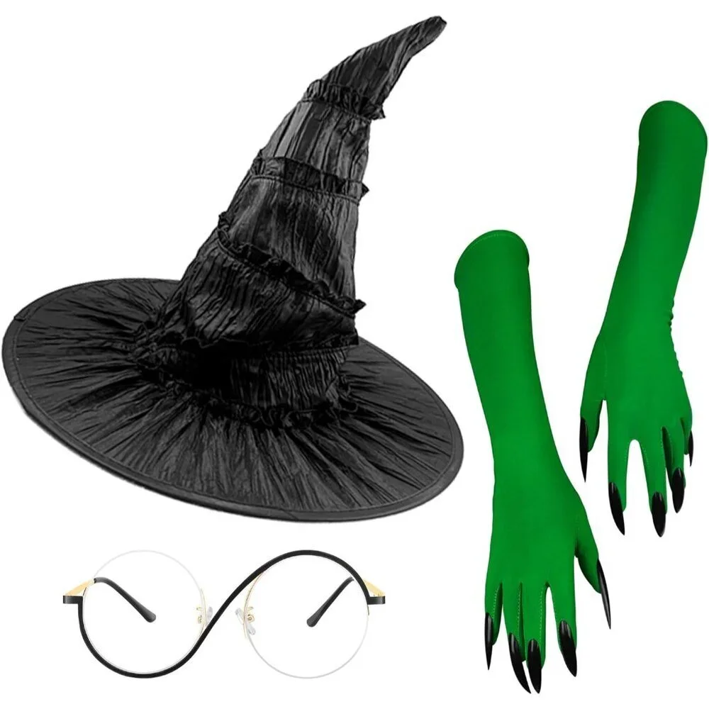 Women Witch Costume Accessory Set Hat Gloves Glasses for Halloween Cosplay